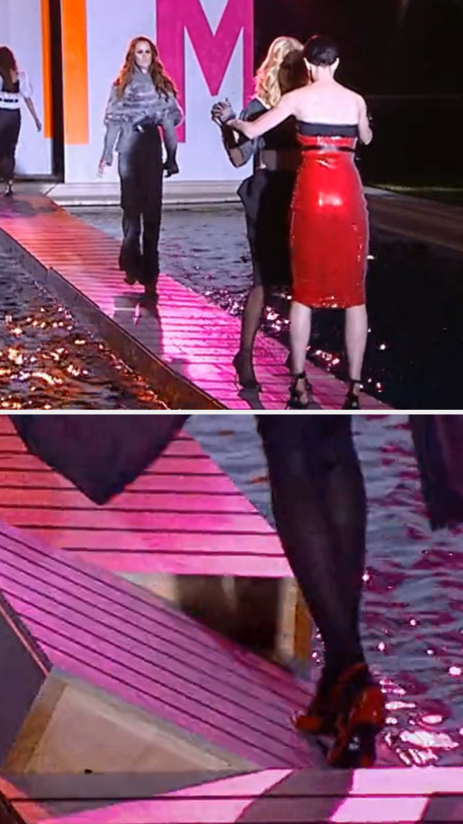 Contestants struggle to walk on a wobbling platform, one falls