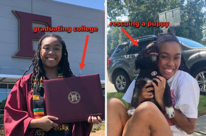 On the left is a photo of myself at my college graduation and on the right is a photo of my puppy and I with the caption &quot;rescuing a puppy&quot;