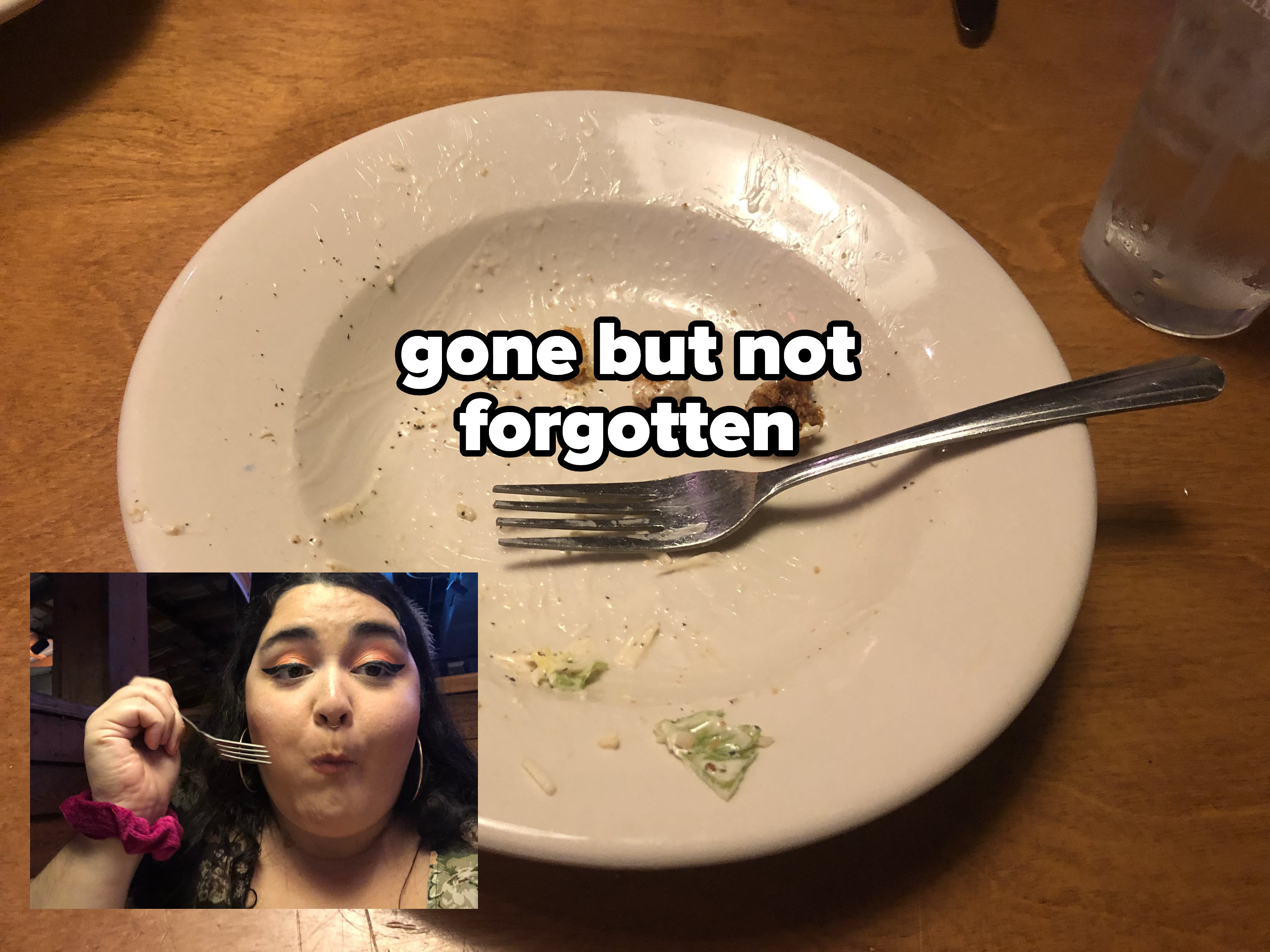 empty bowl with text &quot;gone but not forgotten&quot; and photo of woman holding a fork