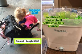 reviewer's child sitting on luggage seat and reviewer's bottle sanitizer filled with bottles