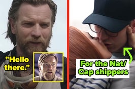 obi wan saying "hello there" in obi-wan kenobi and natasha and cap kissing in the winter soldier captioned "for the nat/cap shippers"