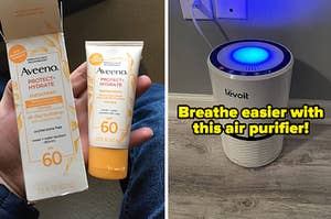 a hand holding aveeno sunscreen; a sleek levoit air purifier and text that reads "breathe easier with this air purifier"