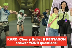 K-Pop Group KARD's new Music Video ICKY screenshot next to a photo of BuzzFeeders Lucia & Sepi. Red box on the thumbnail which says in white text: "KARD, Cherry Bullet & PENTAGON answer YOUR questions!"