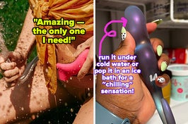 Model holding pink suction vibrator and hose and hand holding frozen purple glass dildo