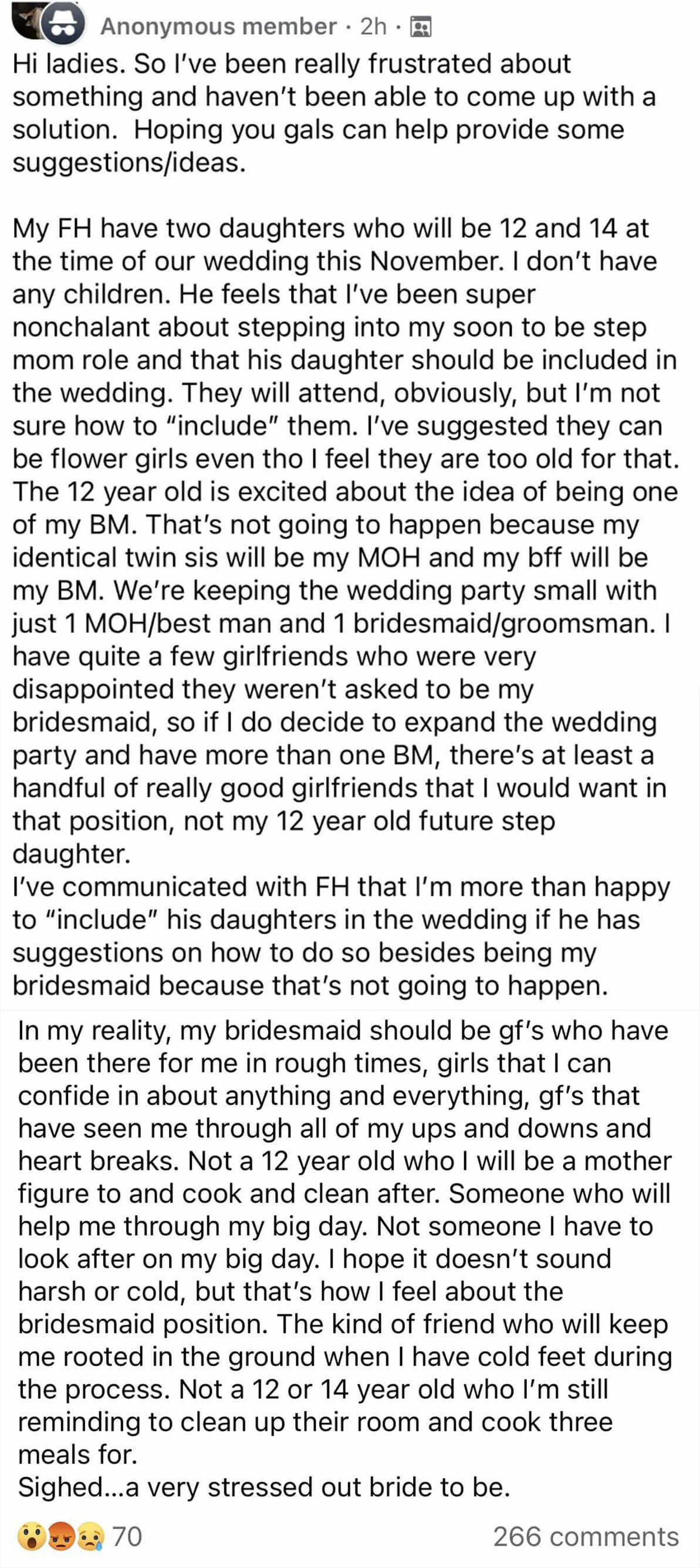 the long message basically saying that she doesn&#x27;t want the step-daughters in the wedding