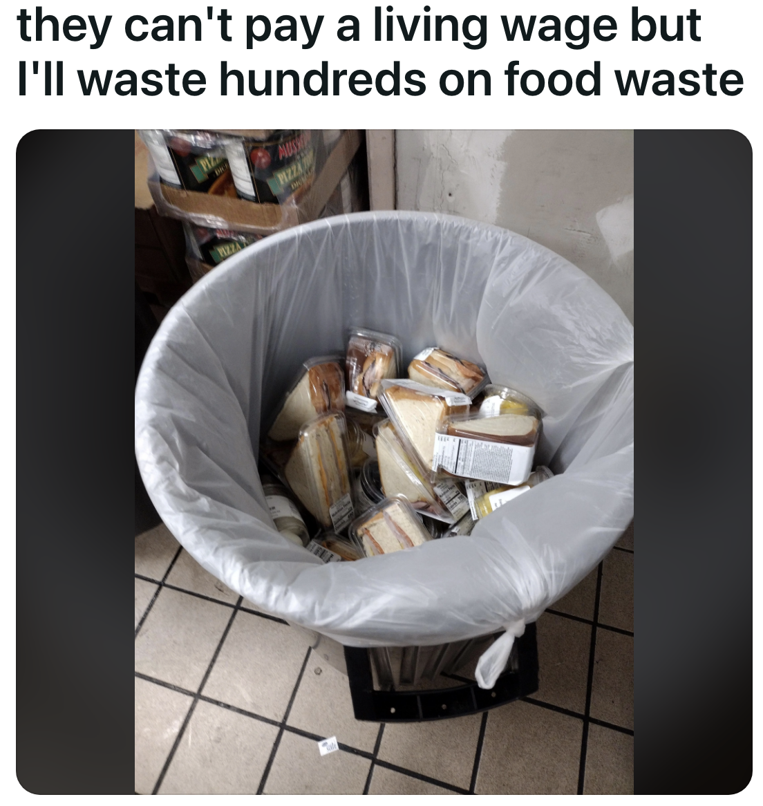 A trash can full of factory sealed sandwiches, with a caption that reads &quot;they can&#x27;t pay a living wage, but I&#x27;ll waste hundreds on food waste&quot;