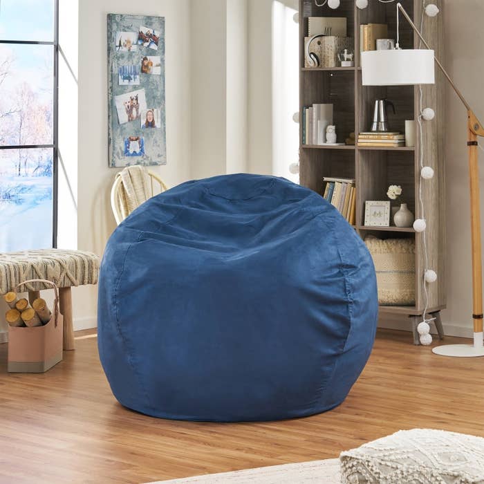 Blue bean bag chair in a room