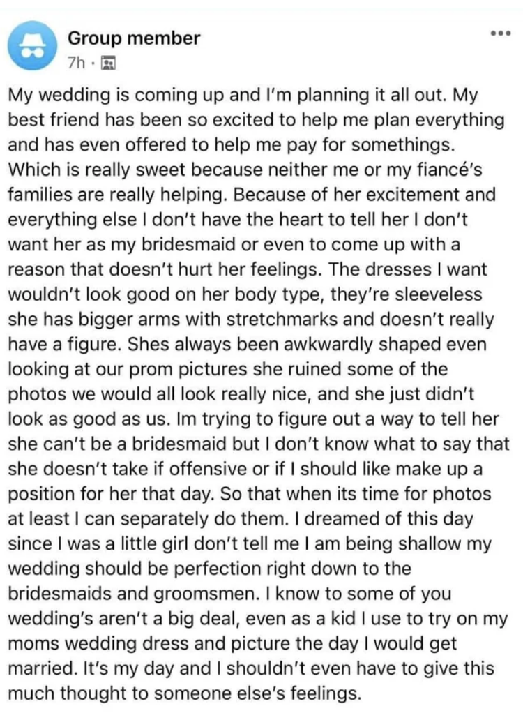 post from the bride saying it&#x27;s her day and she shouldn&#x27;t have to give so much thought to someone else&#x27;s feelings