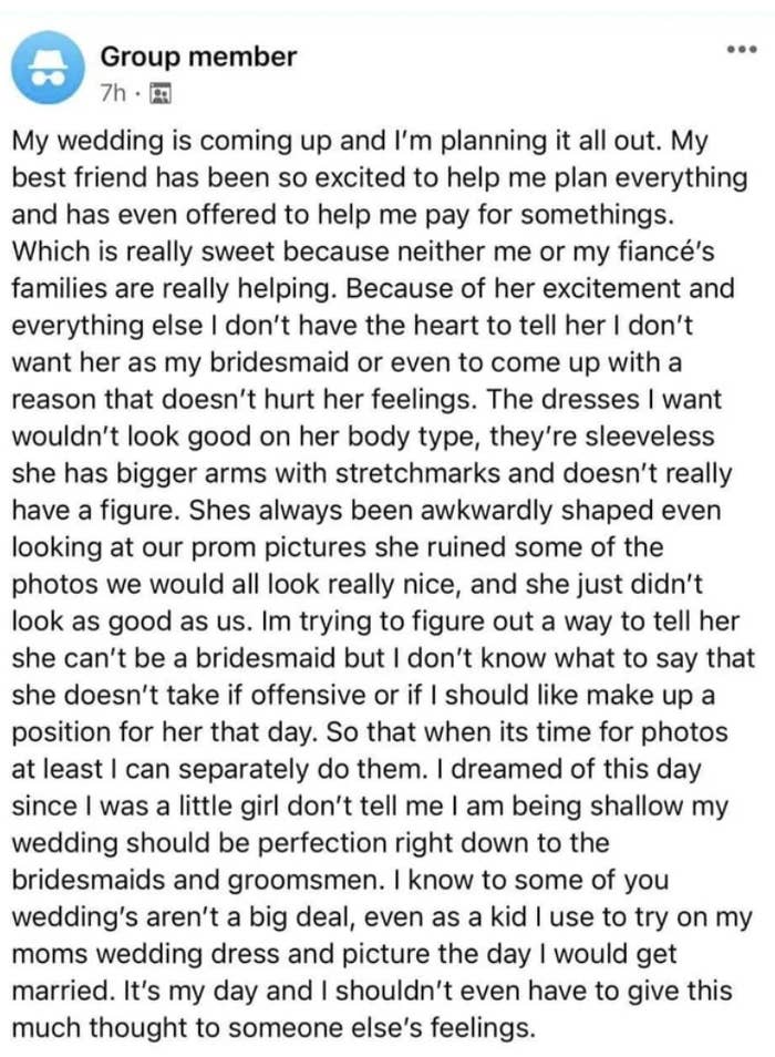 the long message from the bride saying the bridesmaid will mess up the photos