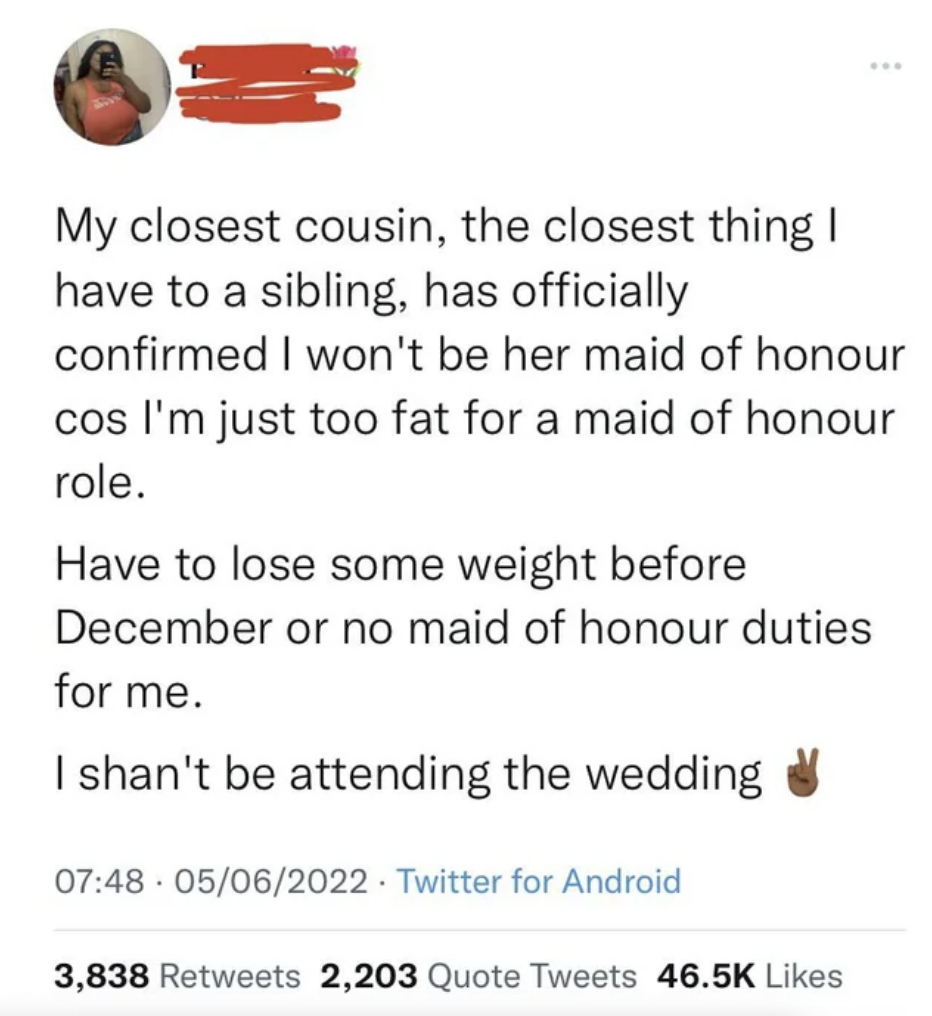 message to lose the weight or else they can&#x27;t be in the wedding