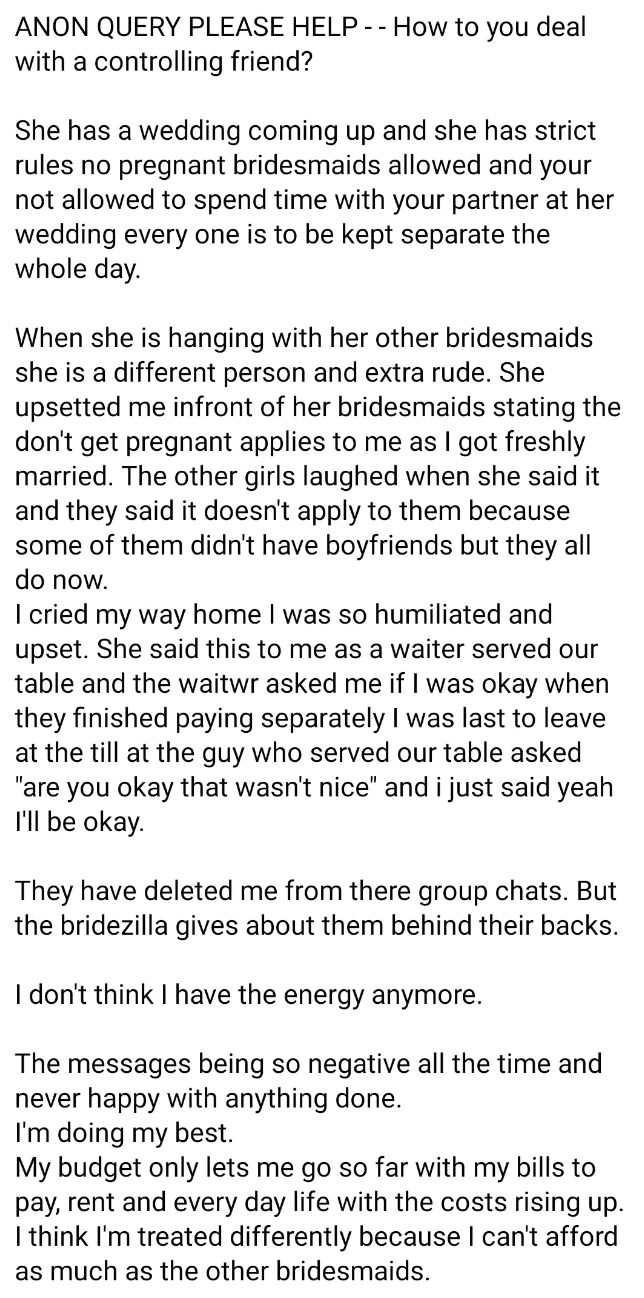 bridesmaid saying she&#x27;s being bullied