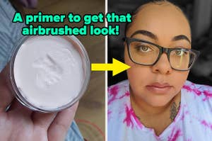 L: a reviewer holding a air of primer, R: a reviewer wearing the primer and text reading "A primer to get that airbrushed look!"