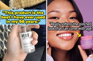 L: spray bottle of hair oil with reviewer quote on image "this product is the best I have ever used in my 56 years" R: model holding a lip mask with quote on image "really softens the pinched look that can come with age"