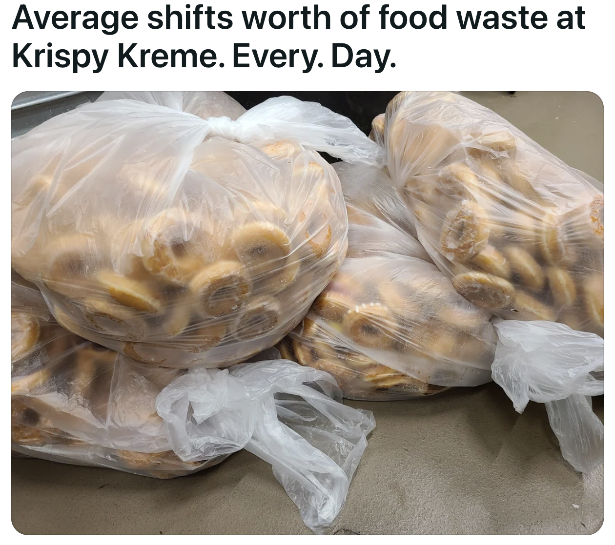 Four large plastic bags full of donuts, with a caption that says this is what they throw away every day after a shift at Krispy Kreme