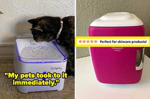 reviewer image of a cat drinking from the square water fountain and text that reads "my pets took to it immediately"; and a pink and white mini beauty products fridge and text that reads "perfect for skincare products"