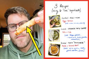 author holding up a piece of cooked chicken with arrow pointing to the meat, and a drawn list of 3 recipes using 6 core ingredients