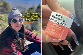 a reviewer wearing the sunglasses with gold frames "no, these actually aren't ray-bans" / a reviewer holding the berry lip mask "spot on alternative for Laneige lip mask"