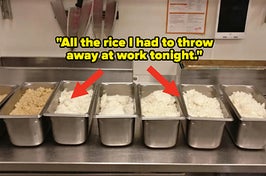 buckets and buckets of rice being thrown out of a restaurant