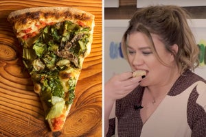 On the left, a pan full of cinnamon rolls, and on the right, Drew Barrymore biting a piece of pizza with an arrow pointing to it and Hawaiian pizza typed under it