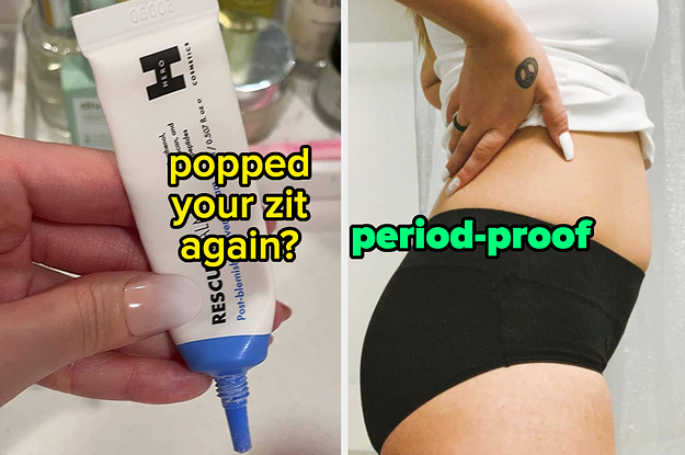 Reviewer holding Hero post-blemish cream with words "popped your zit again?" and reviewer wearing black menstrual underwear with words "period-proof"