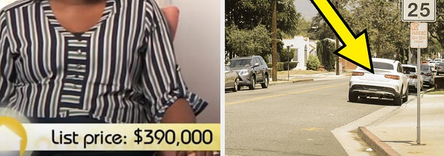 snl sketch of house hunters with list price of 390,000 listed, and arrow pointing to a parked car on a street