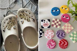 crocs with glam charms and cute punch needle coasters