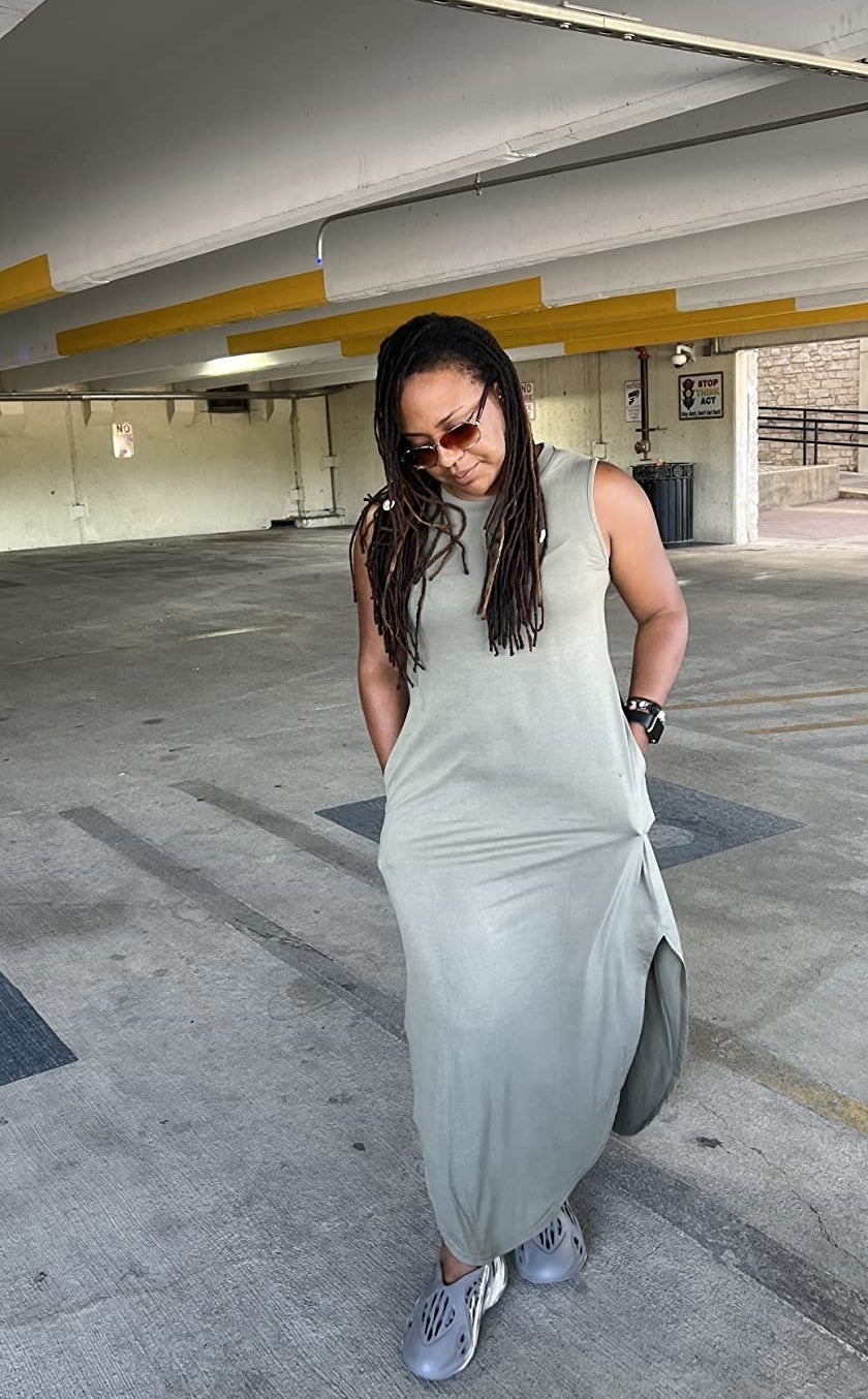 A reviewer in the grey maxi