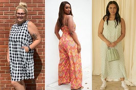 reviewer in gingham mini dress; model in floral wide-leg jumpsuit; model in checkered midi dress