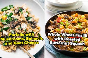 a side by side of farfalle with mushrooms, spinach, and goat cheese and a pic of whole wheat fusilli with roasted butternut squash