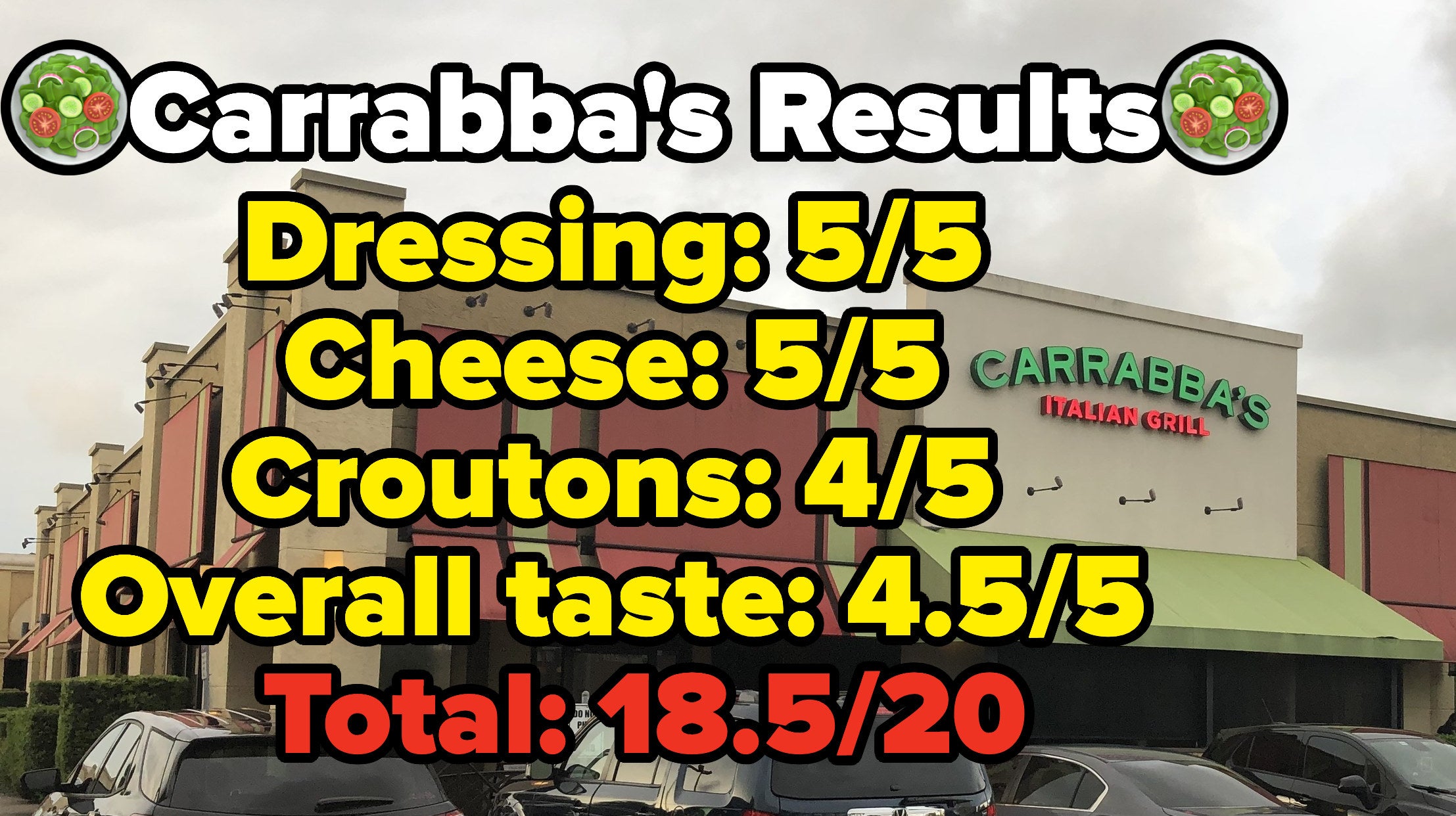 Photo of Carrabba&#x27;s with text that says &quot;Carrabba&#x27;s Results: dressing 5/5, cheese 5/5, croutons 4/5, overall taste 4.5/5, total 18.5/20&quot;