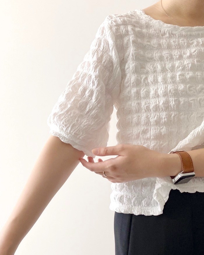 GUのオススメのファッション「シャーリングT(5分袖)Q」