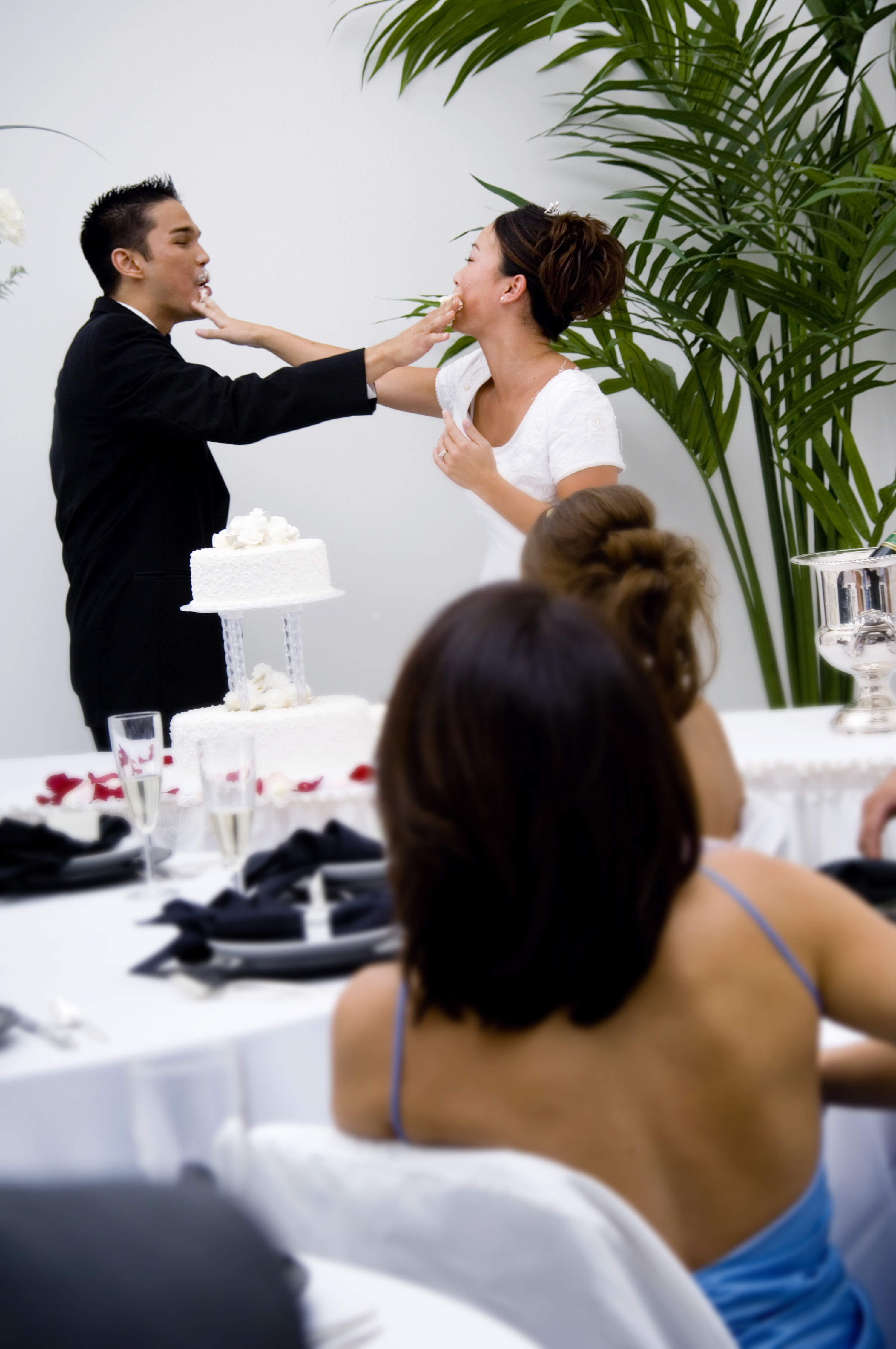 A groom and bride put wedding cake on each other&#x27;s faces at their wedding reception