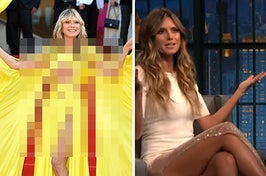 Heidi Klum poses in a dress with winged sleeves at Cannes vs Heidi Klum holds her hands up as if questioning something in an interview