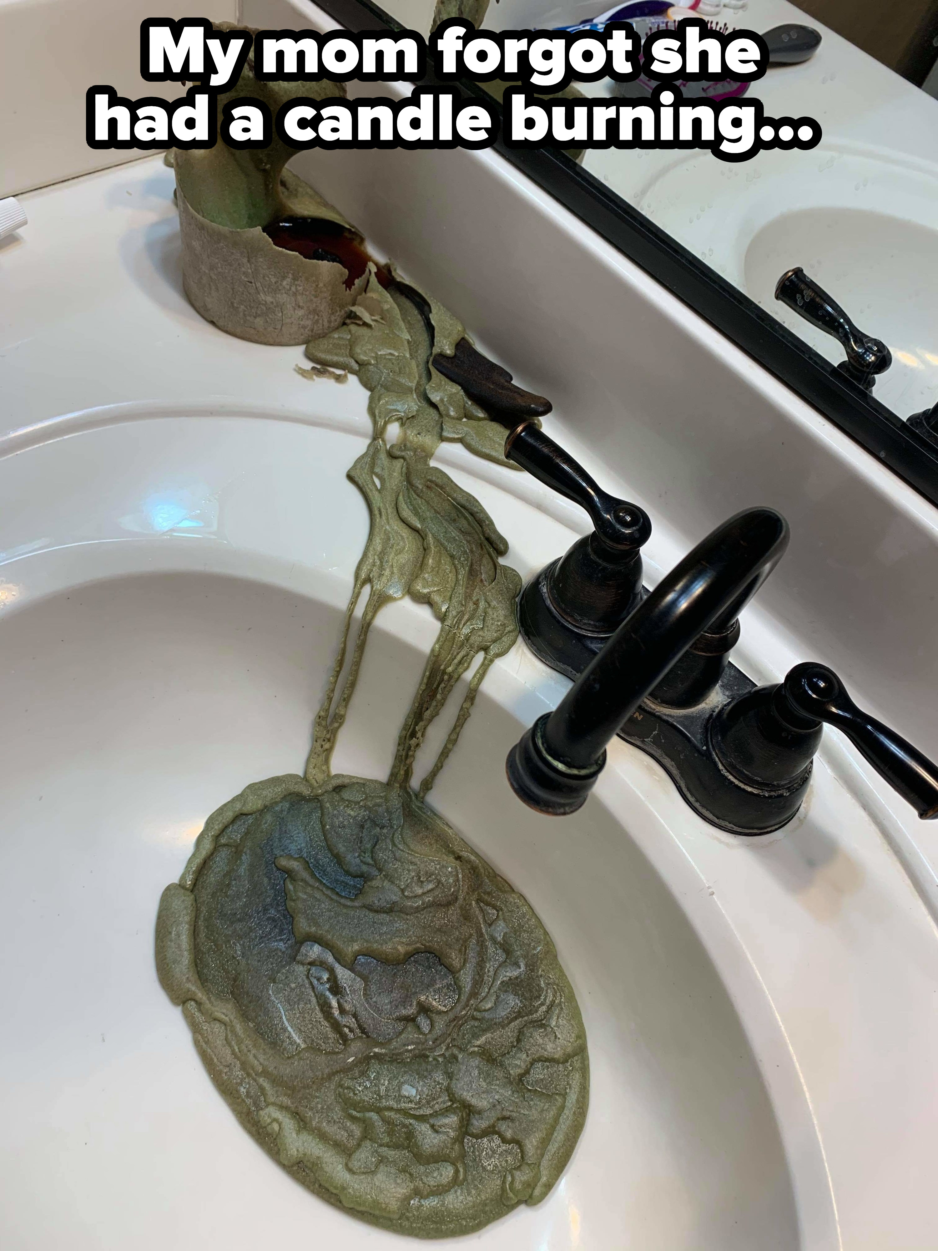 Melted candle wax in a bathroom sink