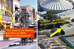 A picture of main street with a lingerie store, and an aerial view of disneyland showing a building painted go away green