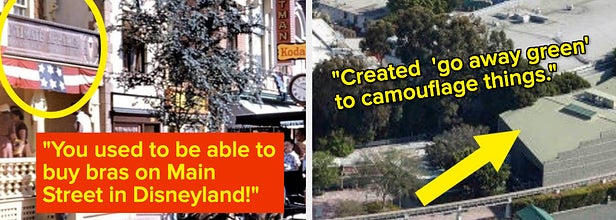A picture of main street with a lingerie store, and an aerial view of disneyland showing a building painted go away green