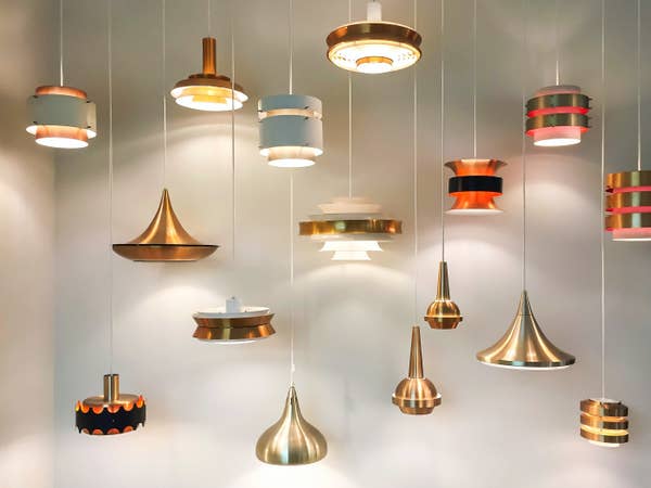A variety of hanging lampshades
