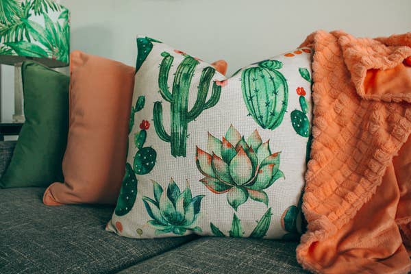 A succulent accent pillow in front of orange and a green accent pillow.