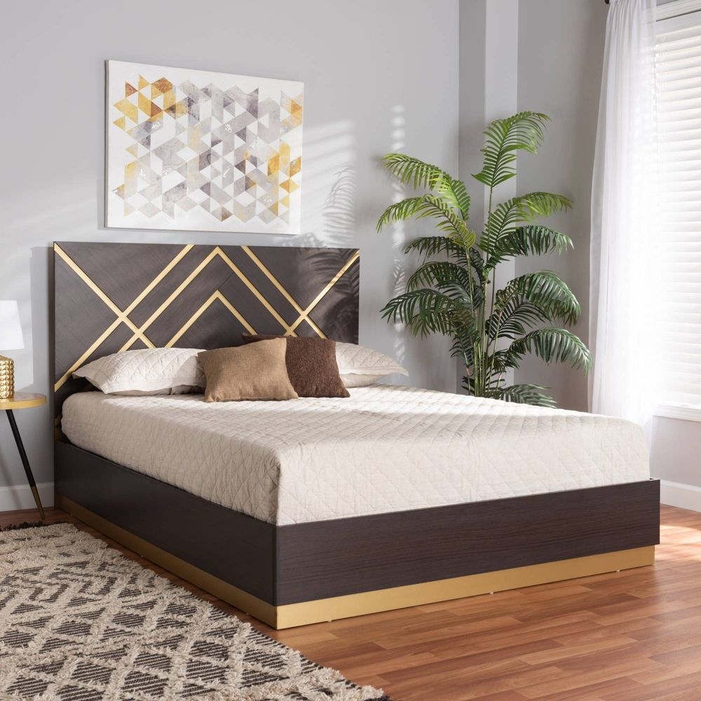 Walnut brown and gold two-tone platform bed