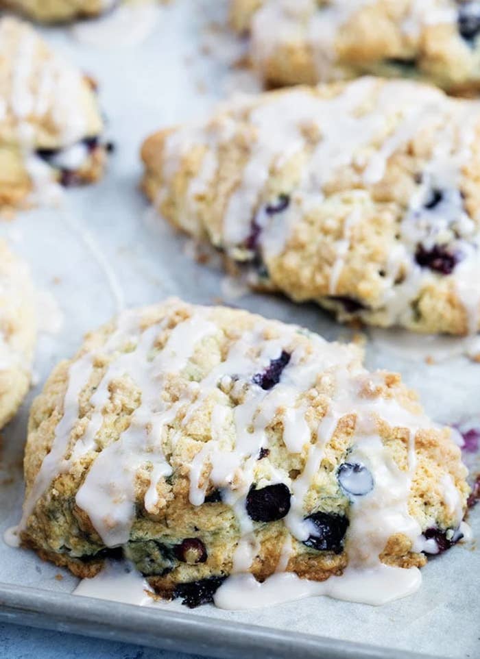 Blueberry scones with vanilla icing.