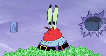 Mr. Krabs in a pile of money holding dollars in both claws