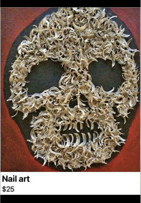 A skull made out of toenails labeled &quot;Nail art&quot; and selling for $25