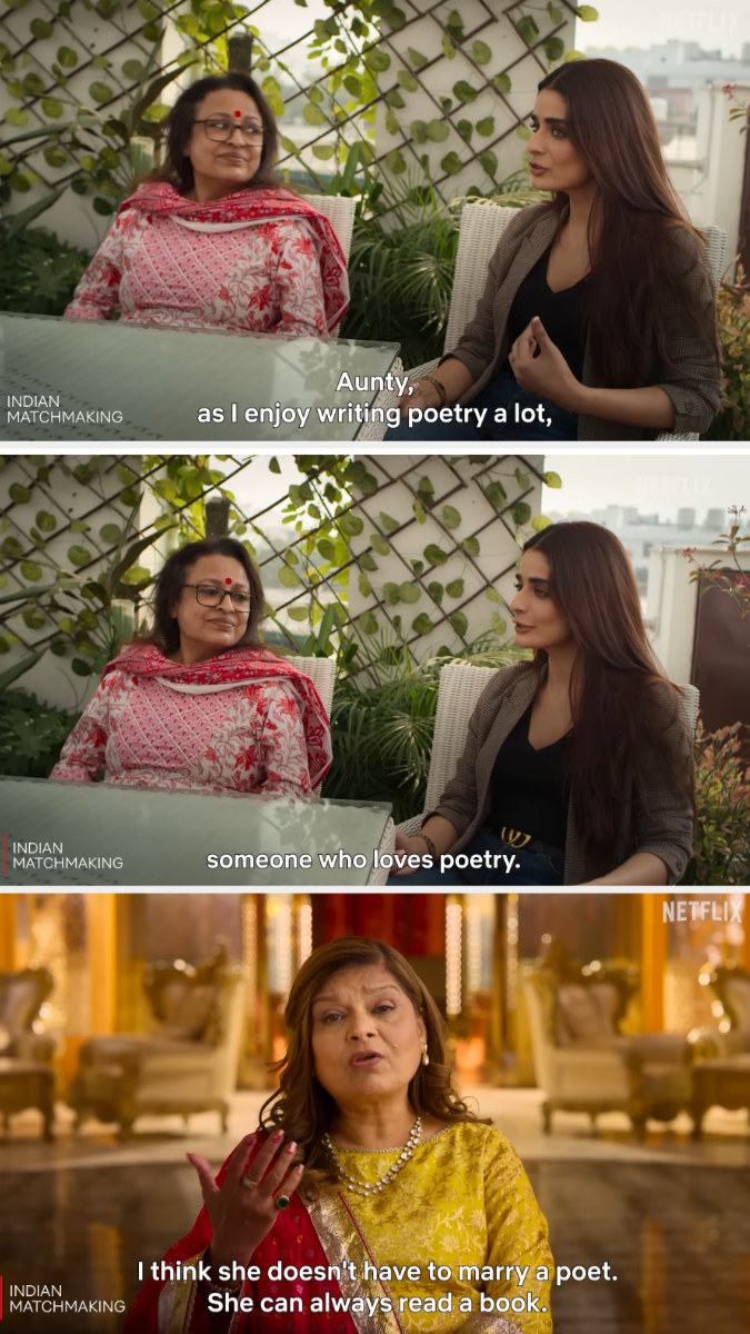 Sima Aunty says that her client who loves writing poetry and therefore wants a partner who enjoys poetry can always read a book instead of marrying a poet