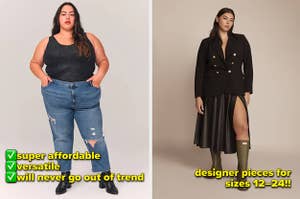 model in jeans and tank, model in black jacket and skirt
