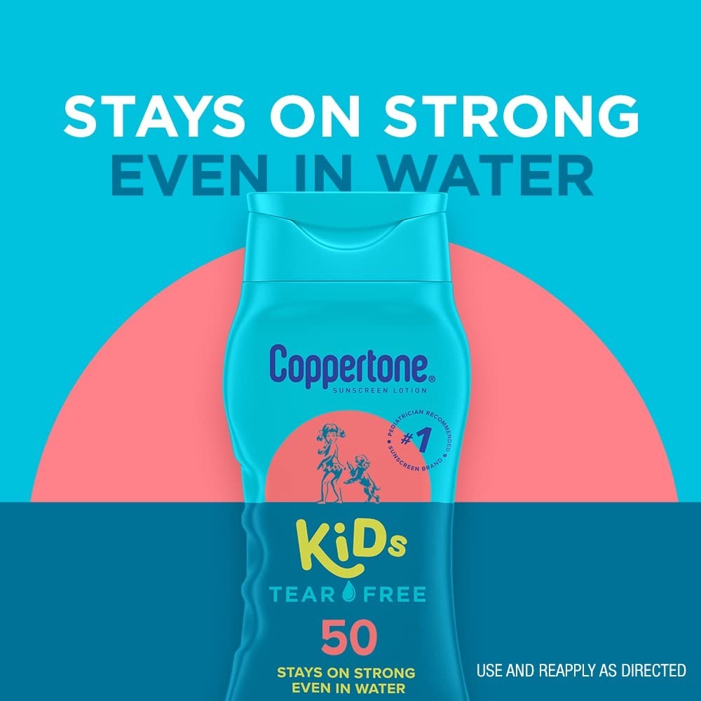 Image of sunscreen bottle with phrase &quot; stays on strong even in water&quot;
