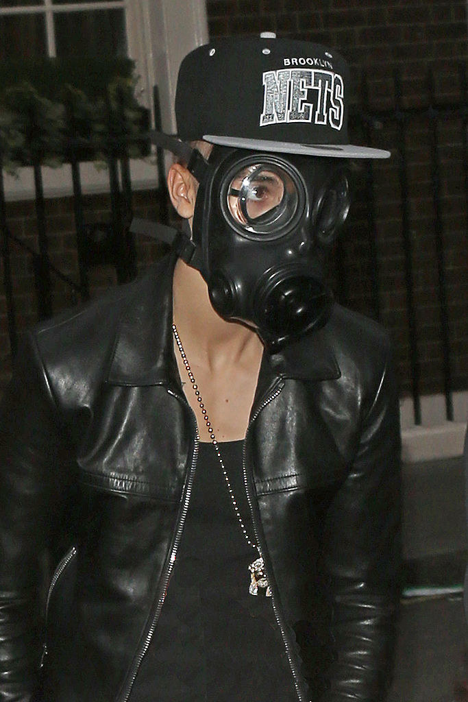 Justin Bieber wearing a gas mask