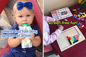 to the left: a baby eating out of a squeeze pouch, to the right: a physical game of tetris