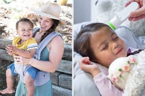 on left: toddler in gray six-position ergonomic baby carrier. on right: model holding white digital thermometer above child's head while taking their temperature