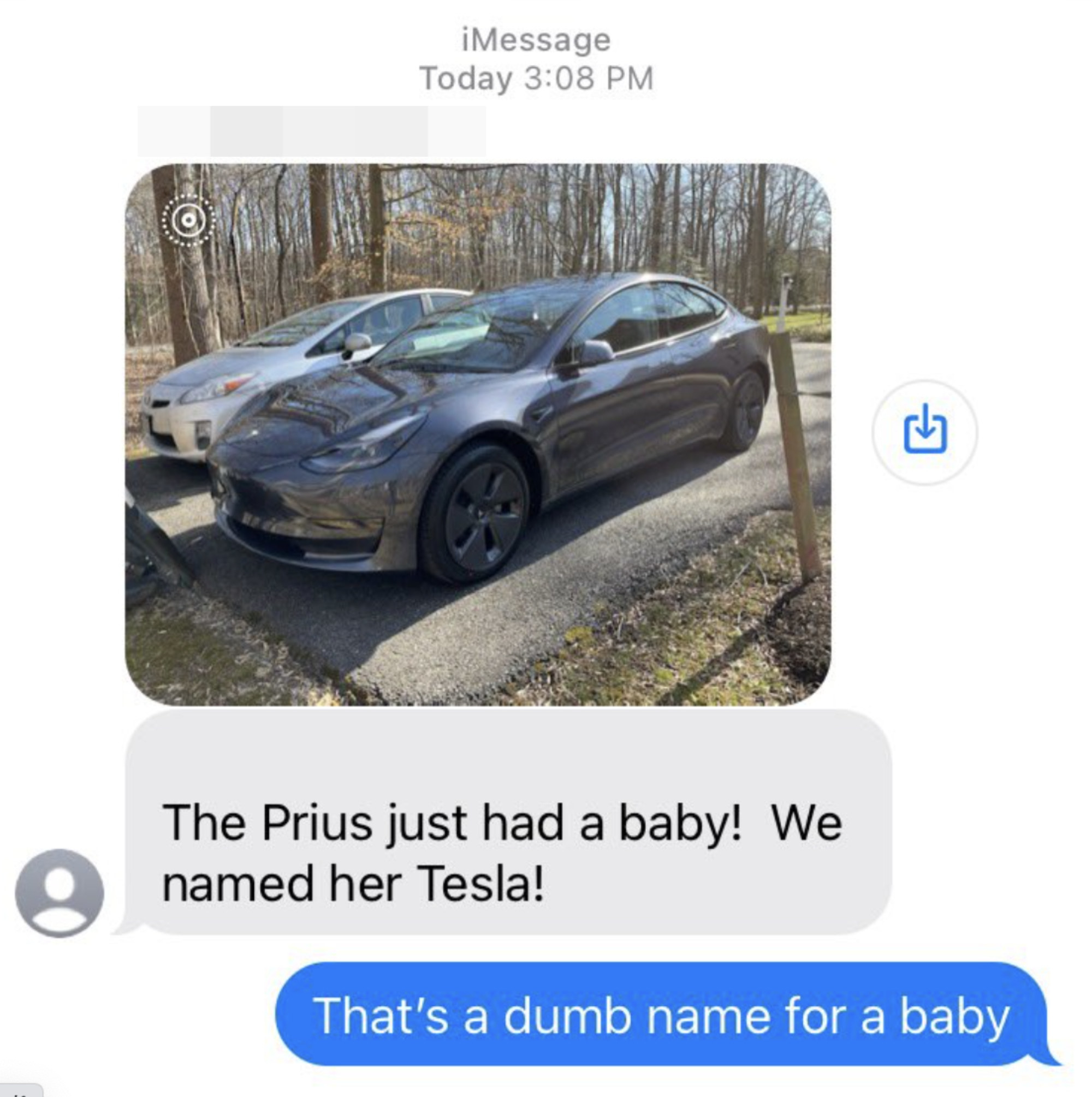 Photo of car with exchange: The Prius just had a baby! We named her Tesla! That&#x27;s a dumb name for a baby