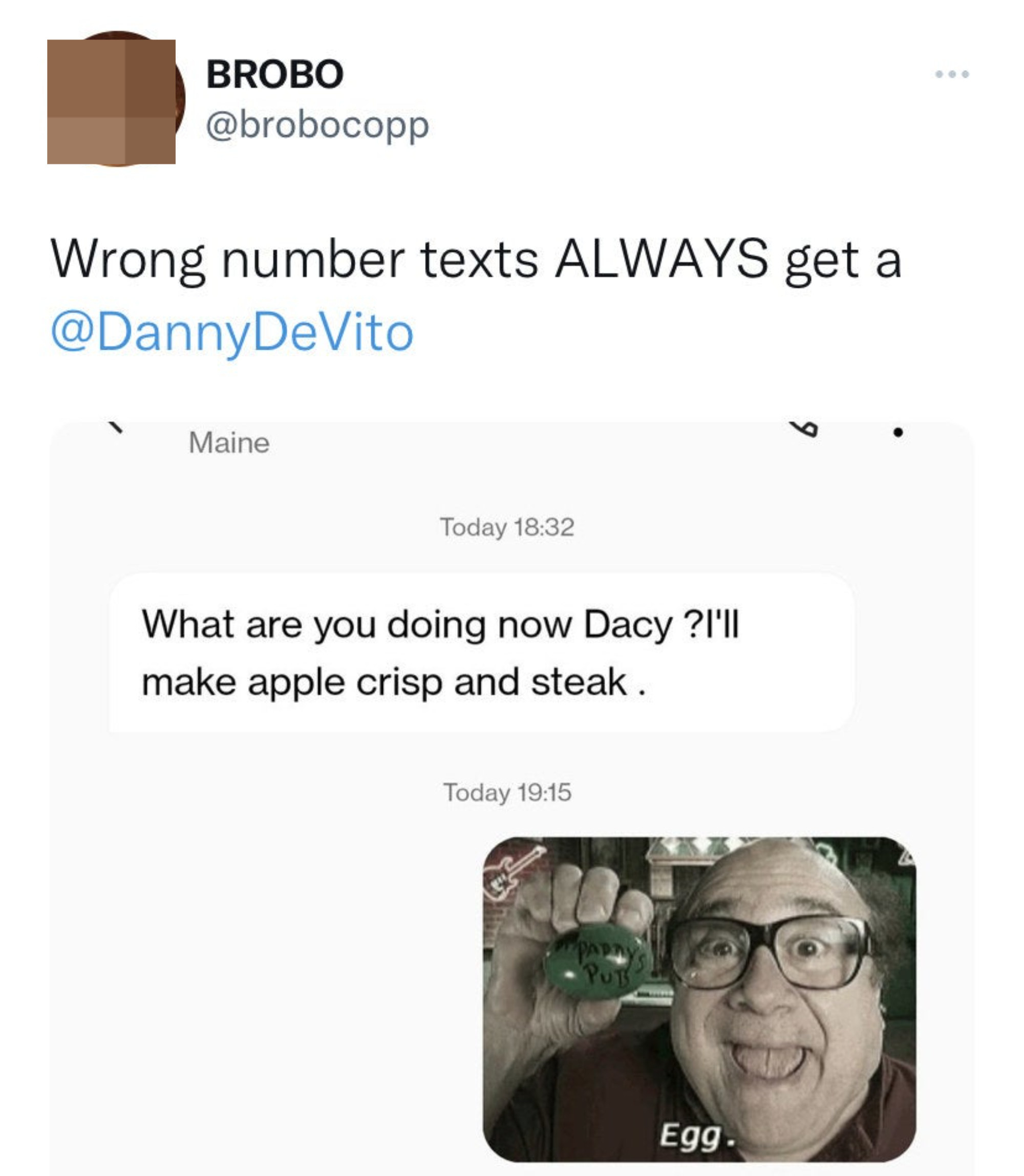 Person responds with a photo of Danny DeVito to any wrong-number text